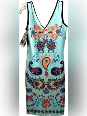 Mapale aqua body con boho paisley mini dress S (marked M cut small)